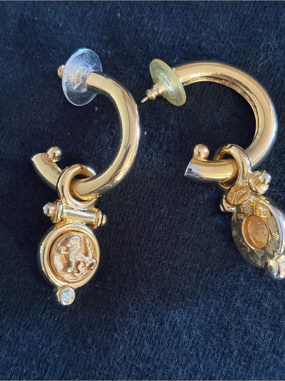 Vintage Jesara Gold tone Hoop Drop Earrings with Lion Medallion Charm